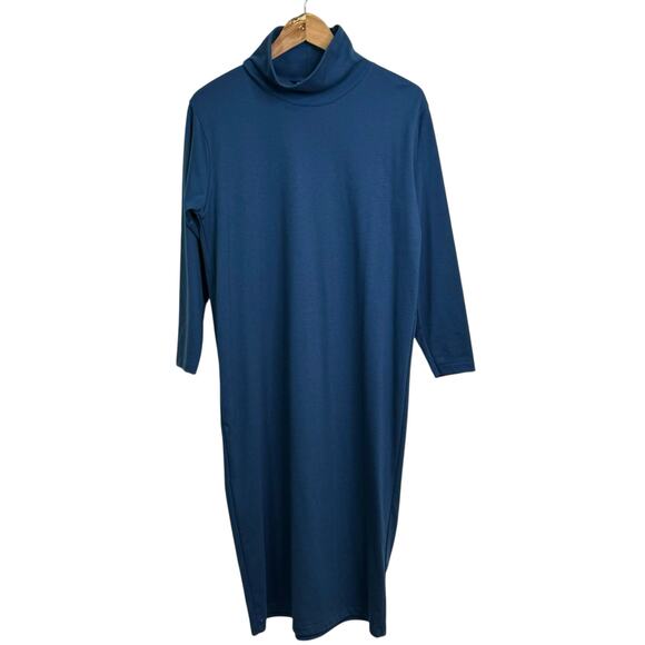 L.L. Bean Made in USA Size Medium Petite Teal Mock Neck Long Sleeve Midi Dress - Picture 2 of 7